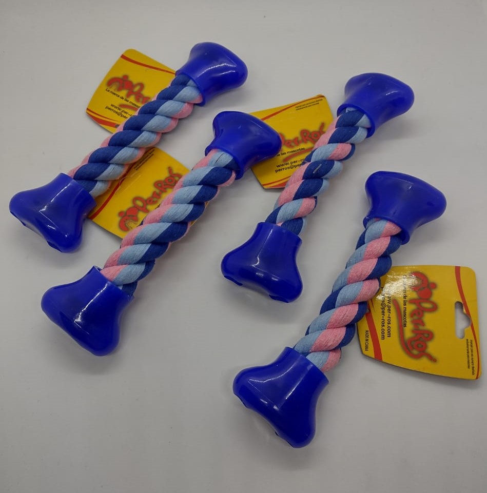 JUGUETE HUESO ALGODON CON TOPES PLASTICOS P/ PERROS